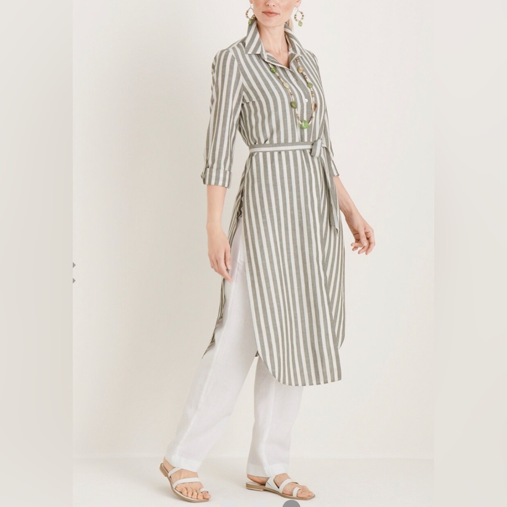 Chico's Striped Linen Blend Maxi Tunic Top Sz 16 Belted Olive Lagenlook